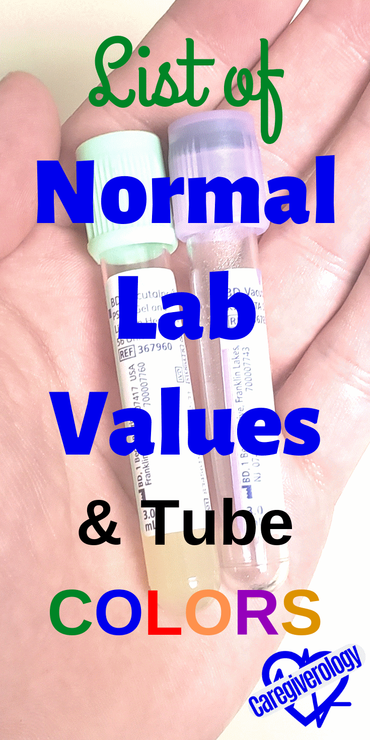 List of normal lab values and tube colors
